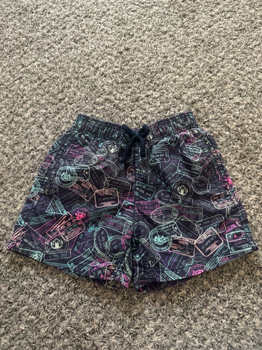 GUC Vilebrequin Kids Black Swim Trunks with Neon Passport Print, Size 4 ANS